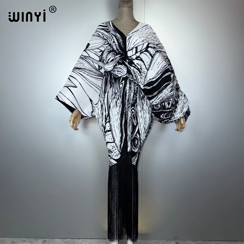 Sukienka WINYI z frędzlami, plisowana, damska, marszczona, luźna, w stylu boho, długa, typu robe, maxi, damska, vestidos, na wakacje, imprezę, elegancka, plisowana sukienka