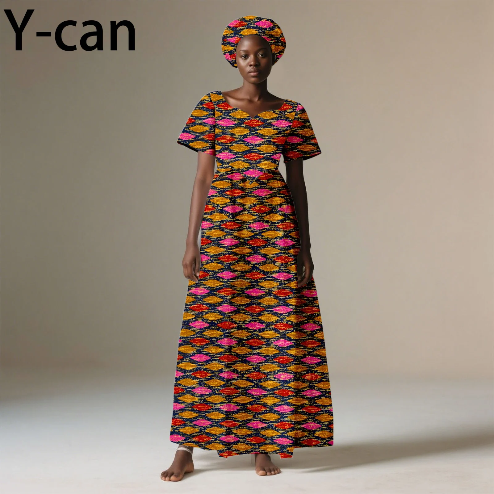 

Ankara Fashion Short Sleeve Loose Ankle Dress Dashiki Print Gown with Headscarf for Wedding Party Elegant Lady Dress 2525152