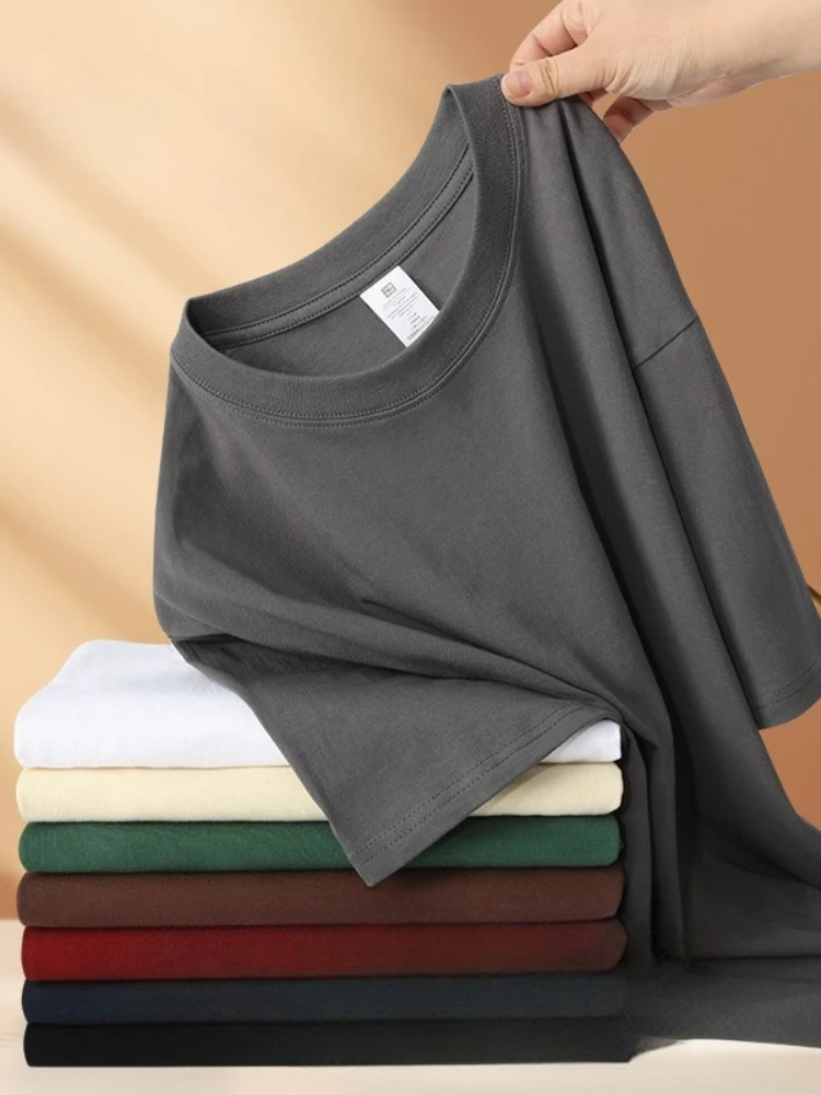 New Youth Pure Cotton Solid Color Men T-shirt 210g Combed Cotton Short Sleeved Round Neck Men's  Trendy Brand Clothing Loose Fit