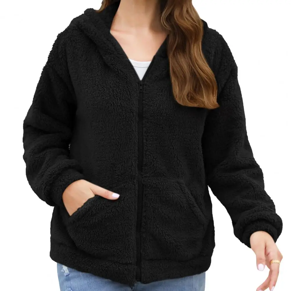 Women Oversized Fleece Jacket, Warm Casual Hooded Coat with Pockets, Long Sleeve Zip-Up Hoodie Outerwear for Fall Winter