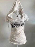 American retro hooded short sleeved fake two piece letter printed T-shirt for women, Xia Zheng shoulder slim fit versatile top