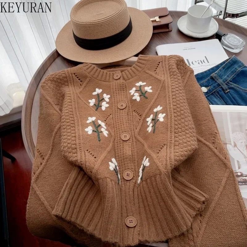 Vintage Floral Embroidery Sweater Coat Women 2024 Autumn Winter Korean Fashion O-Neck Long Sleeve Cropped Knitted Cardigan Tops