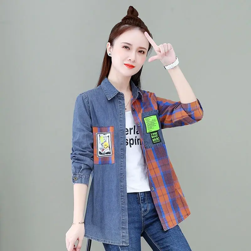 Fashion Stitching Denim Plaid Shirt Long Sleeve Women's Spring and Autumn New Korean Style Loose 2023 Casual Coat Top