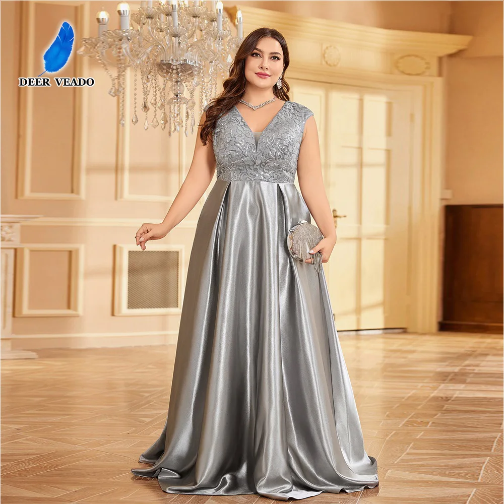 

DEERVEADO Women Plus Size Evening Dresses Elegant A Line Satin Party Maxi Dress with Lace Formal Occasion Dresses Evening Gowns