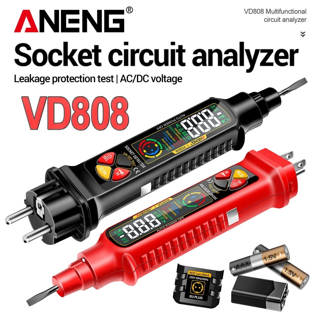 

ANENG VD808 Тестер фазы розетки, измеритель утечки тока, тестер полярности питания (вилки US/EU), тестер напряжения, анализатор автоматических выключателей, инструменты для диагностики цепей