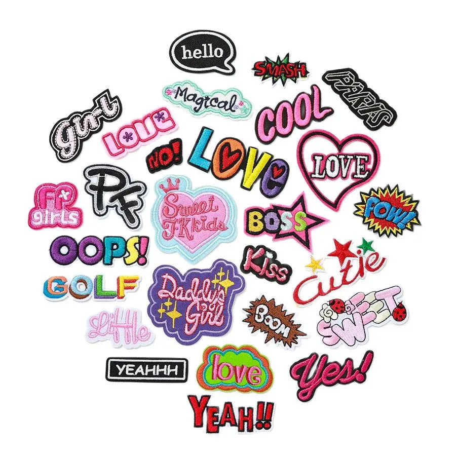 1 pc Funny Text Patches Embroidered LOVE YES OOPS GOLF YEAH SWEET Stickers Iron On Clothing Jeans Jackets Bags Applique Badges