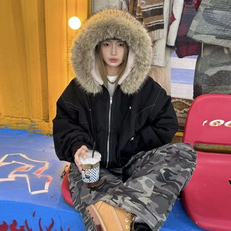 

American Retro Niche Fur Collar Zipper Hooded Jacket Autumn Winter Fashion Velvet Thickened Warm Harajuku Loose Casual Jacket