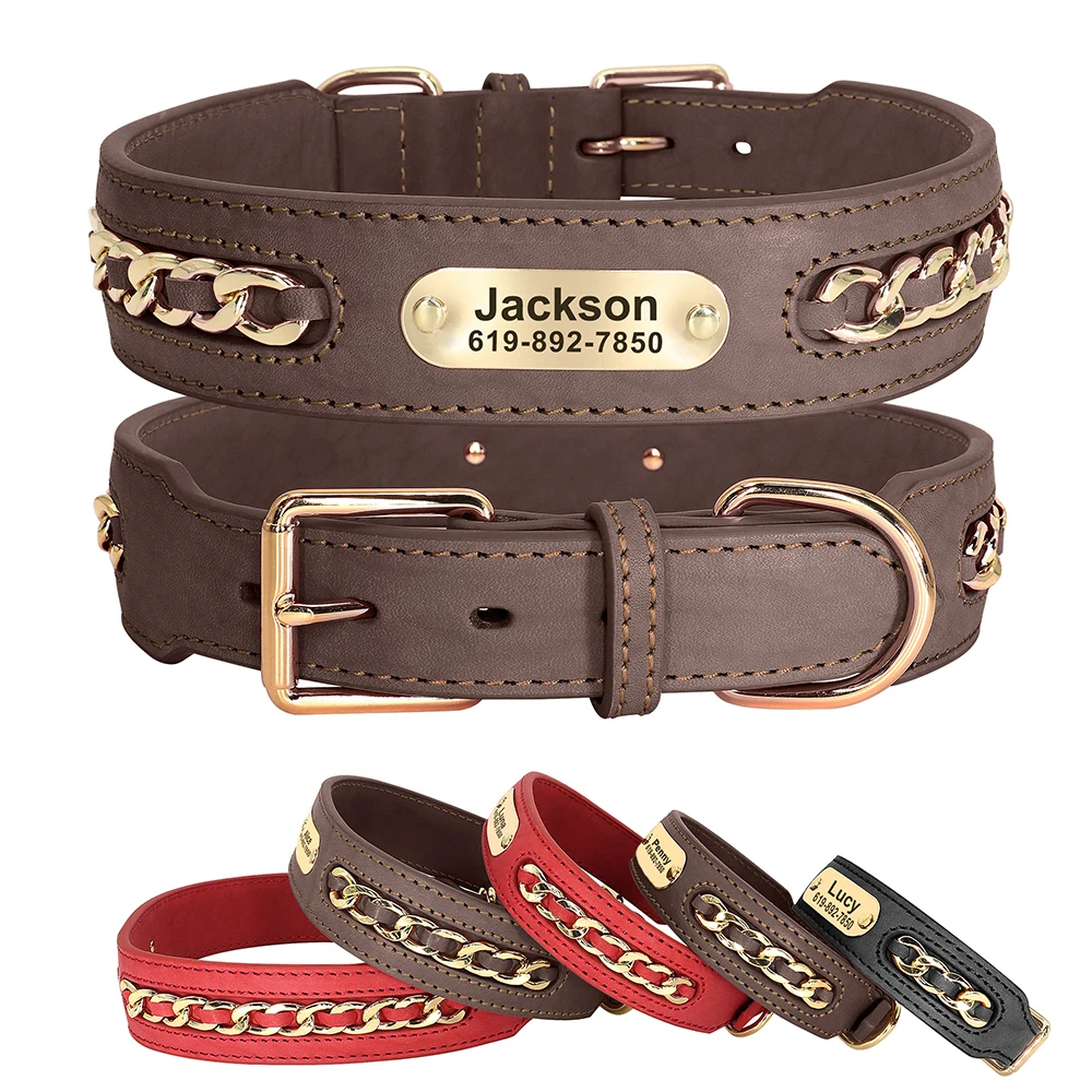 Collier de chien en cuir personnalisé colliers d'étiquette d'identification de chiens personnalisés collier pour animaux de compagnie fort avec accessoires en métal pour petits chiens de grande taille carlin