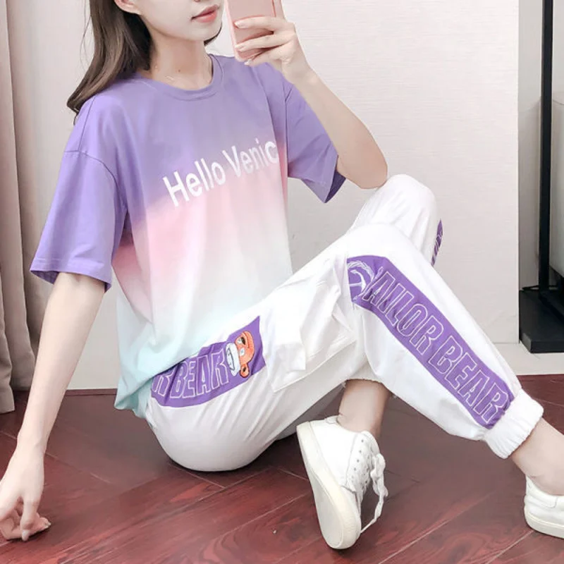 

Women's Leisure Fashion Sports Suit 2023 Summer New Cute Short Sleeves Student T-shirt And Pencil Pants Two Piece Set For Women