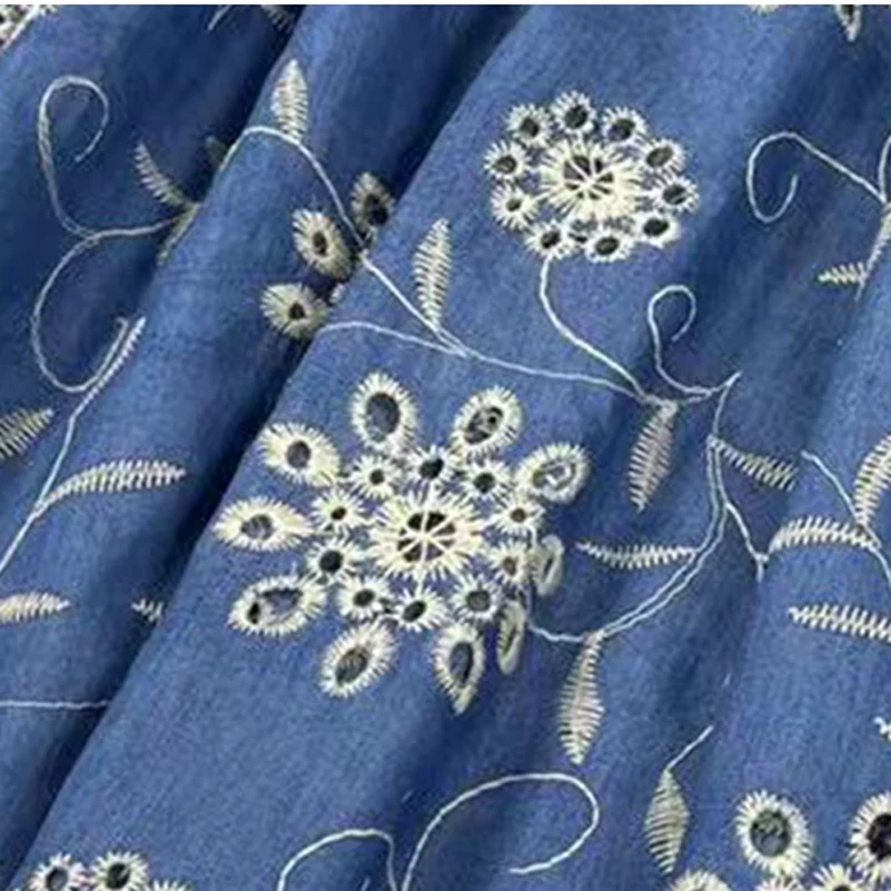 Denim Fabric Blue Thin Cotton Sunflower Embroidered Polyester Cotton No Elasticity per Half Meter