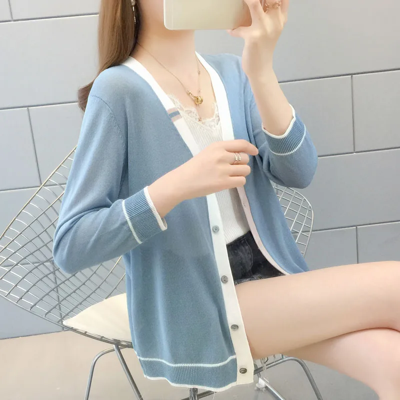 

Thin lightweight knitted women sweater cardigan v-neck striped loose casual all match female outwear coat tops