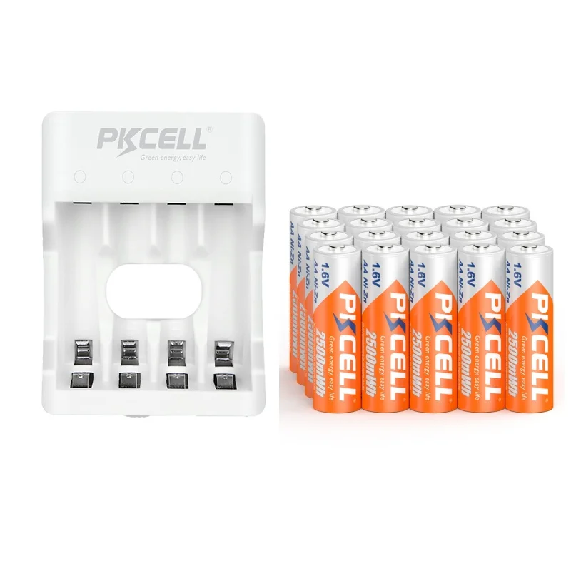 20PC PKCELL 2500mWh 1.6V NIZN AA Batteries AA Rechargeable Battery Packed with NI-ZN Battery Charger For 2-4PC AA/AAA battery