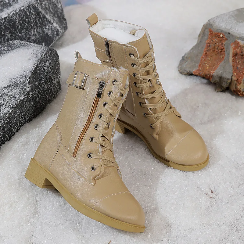 Women's Boots Plus Size Zip Motorcycle Boots Square Heel Lace Up Retro Mid Calf Boot PU Leather Luxury Womens Shoes High Quality