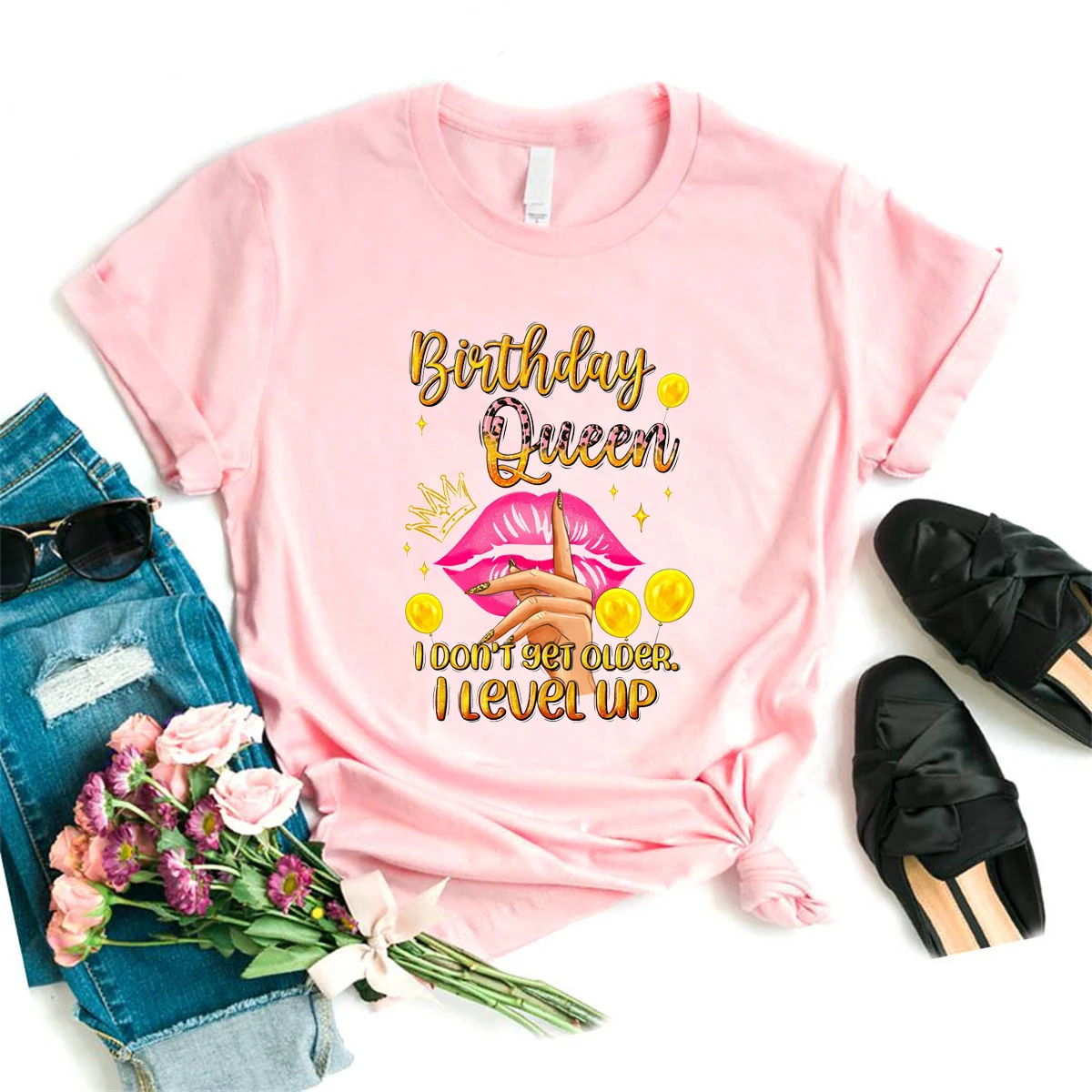 

Birthday Queen I Don'T Get Older I Level Up Graphic Printed Tshirt Girls Leopard Lip Balloon T-Shirt Women Summer Tops T-Shirt
