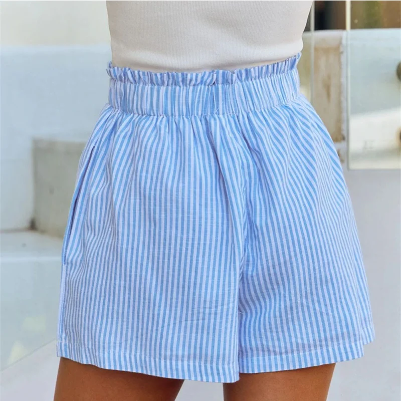 Summer Striped Long Sleeve Turn Down Collar Button Long Shirts Tops and Shorts Women Clothing Loose Casual Cotton Two Pieces Set