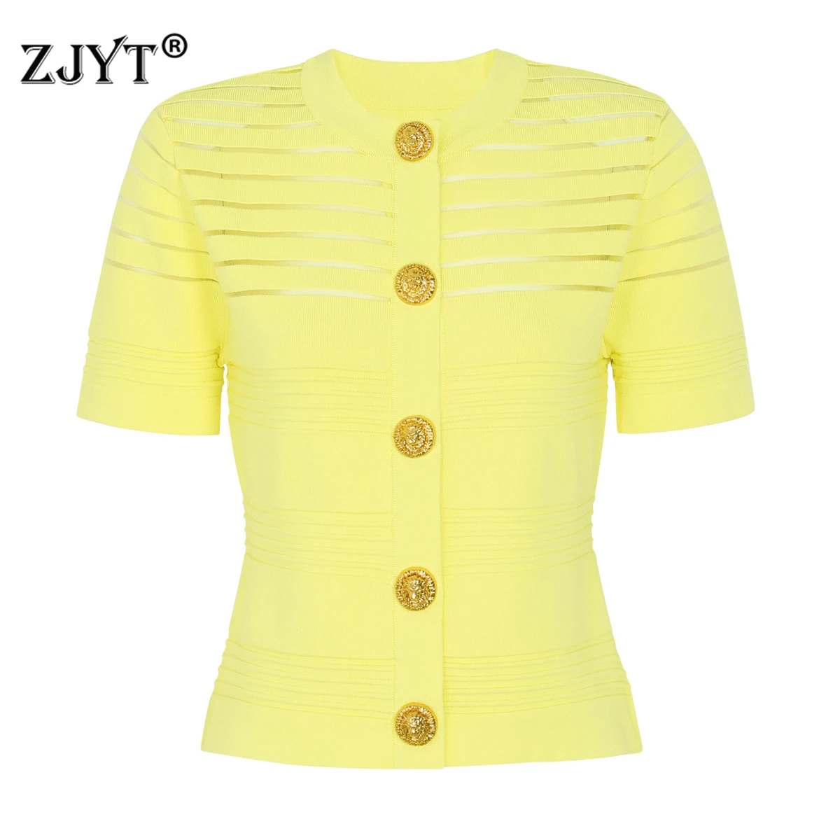 

ZJYT Summer Cardigan for Women Knitted Tops Short Sleeve O Neck Single Breasted Yellow Sweaters Knitwears Female Jumper Jersey