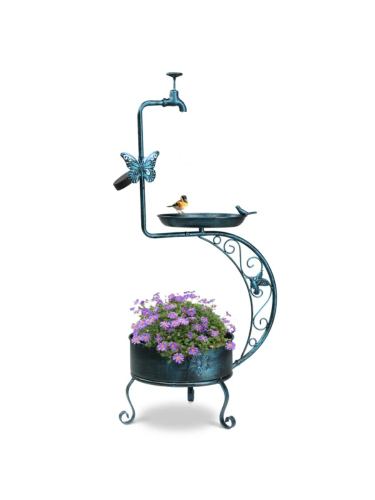 

Outdoor bird bath with solar lights and planter base standing bird feeder, antique blue