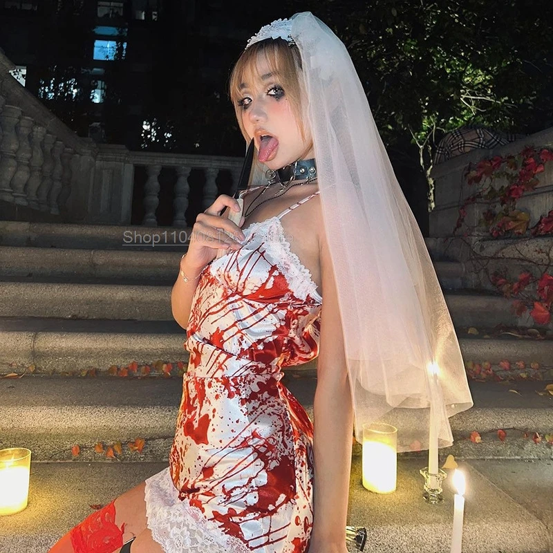 Halloween corpse bride Costumes Prom Dresses bloody print sexy suspender loose lace skirt cosplay bride veil dress for sexy lady