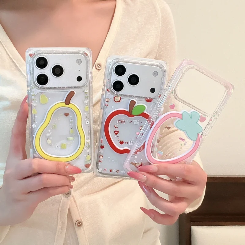 

Fashion 3D Line Pear Strawberry Square Clear Phone Case For iPhone 17 Pro 16 15 Pro Max Protective Cover Cute Cases For Apple 16