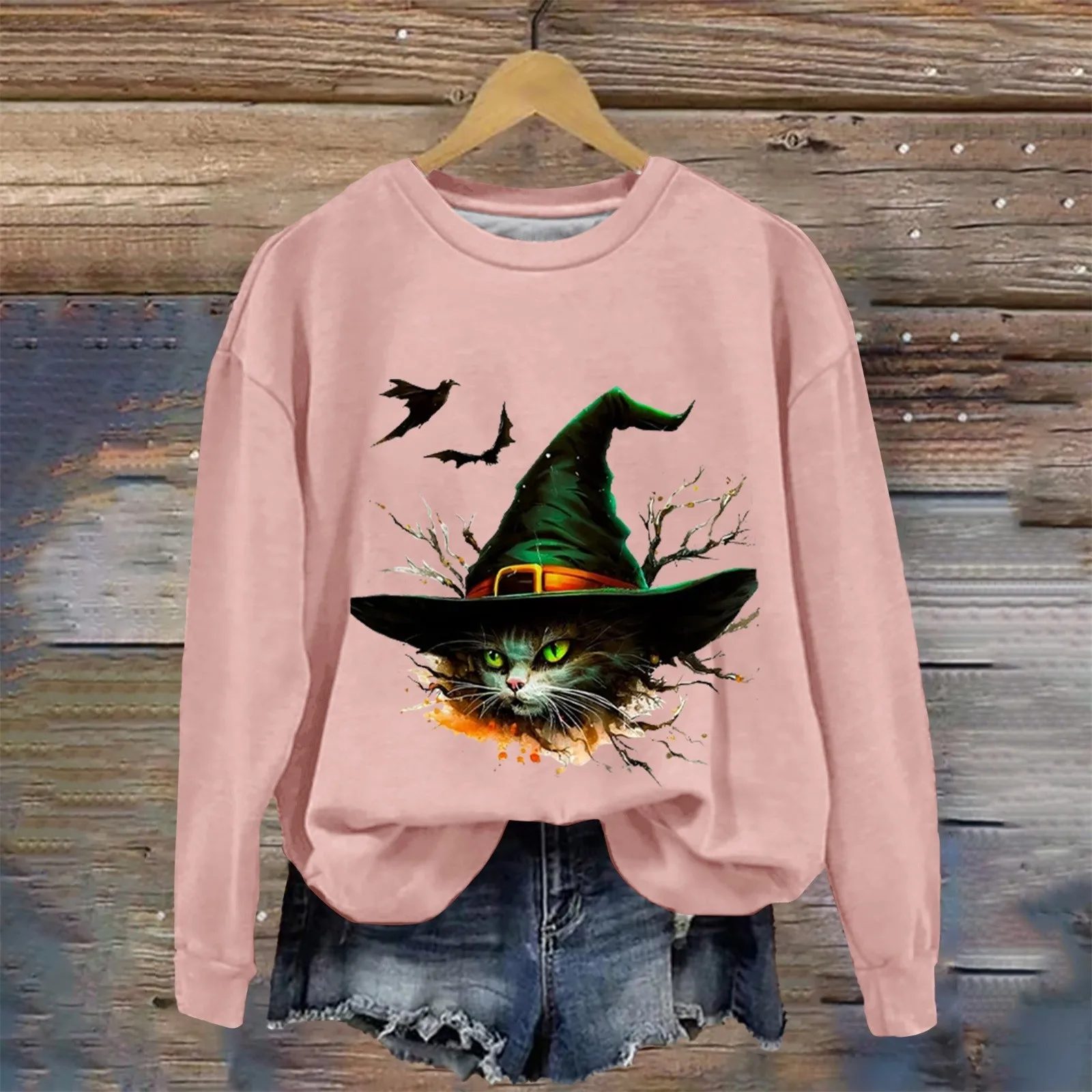 Women'S Halloween Theme Handsome Cute Magical Cat Print Sweatshirt Long Sleeve O Neck Halloween Custom Pullover S-2xl Hoodies