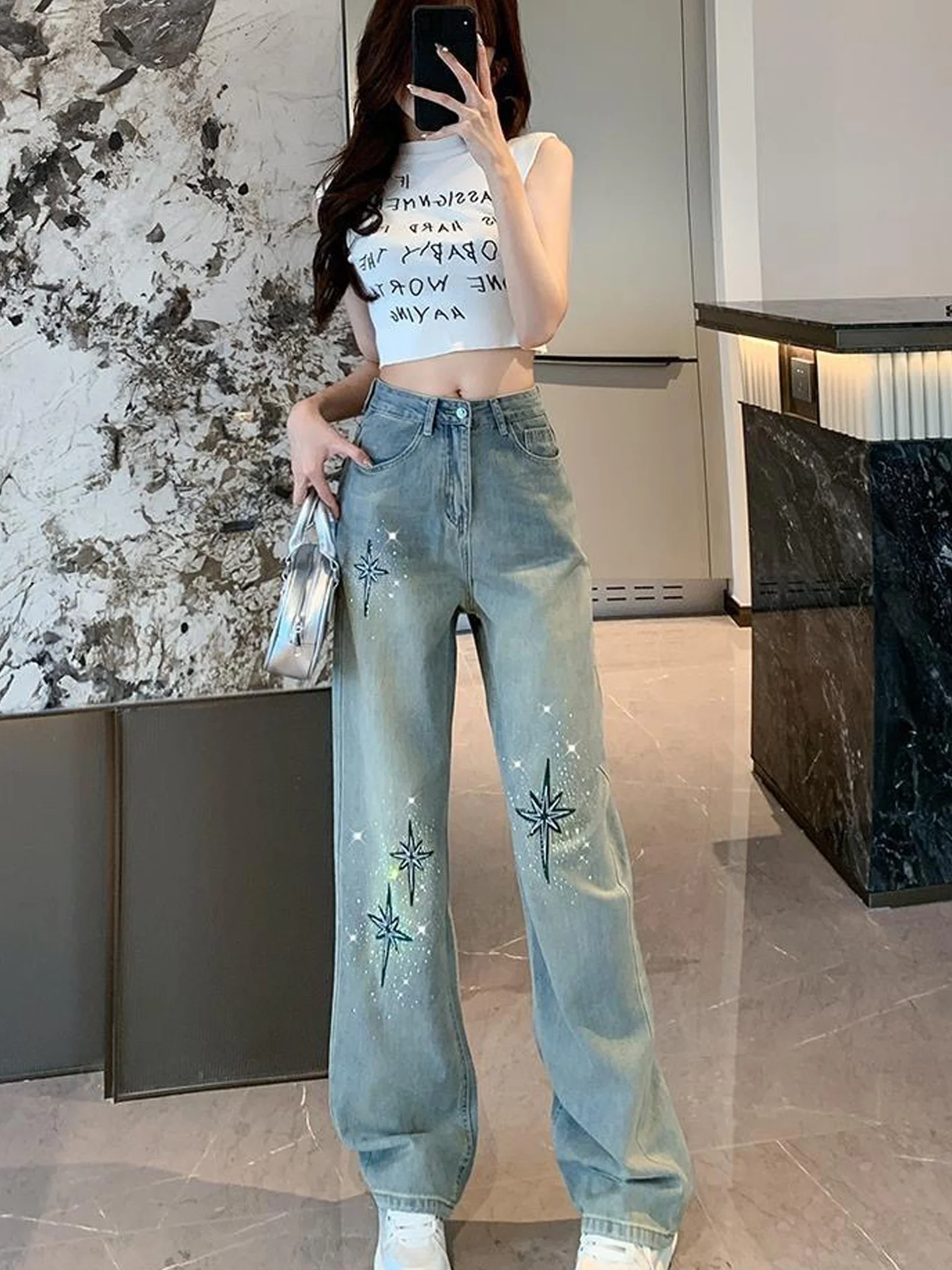 

Korean Style Embroidered Rhinestone Washed Denim Jeans Women Summer New Fashion Spicy High Waist Slim Straight Leg Pants