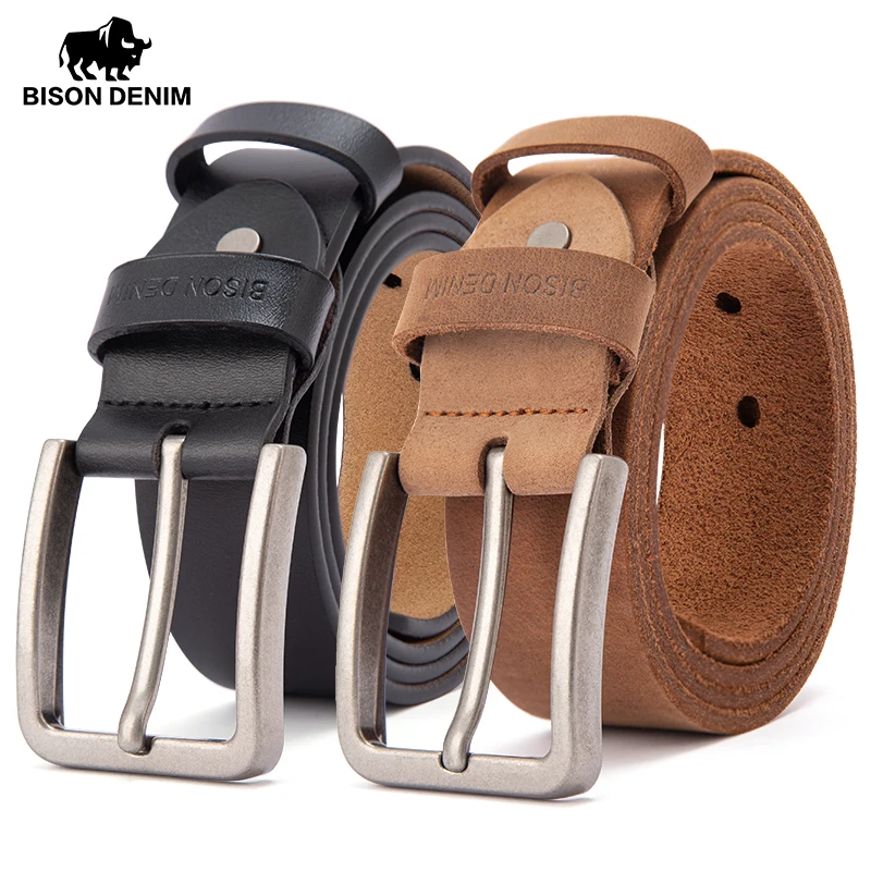 BISON DENIM High Quality Genuine Leather Belt Vintage Pin Buckle Design Belts Luxury Brand Retro Casual Strap for Men's Jeans