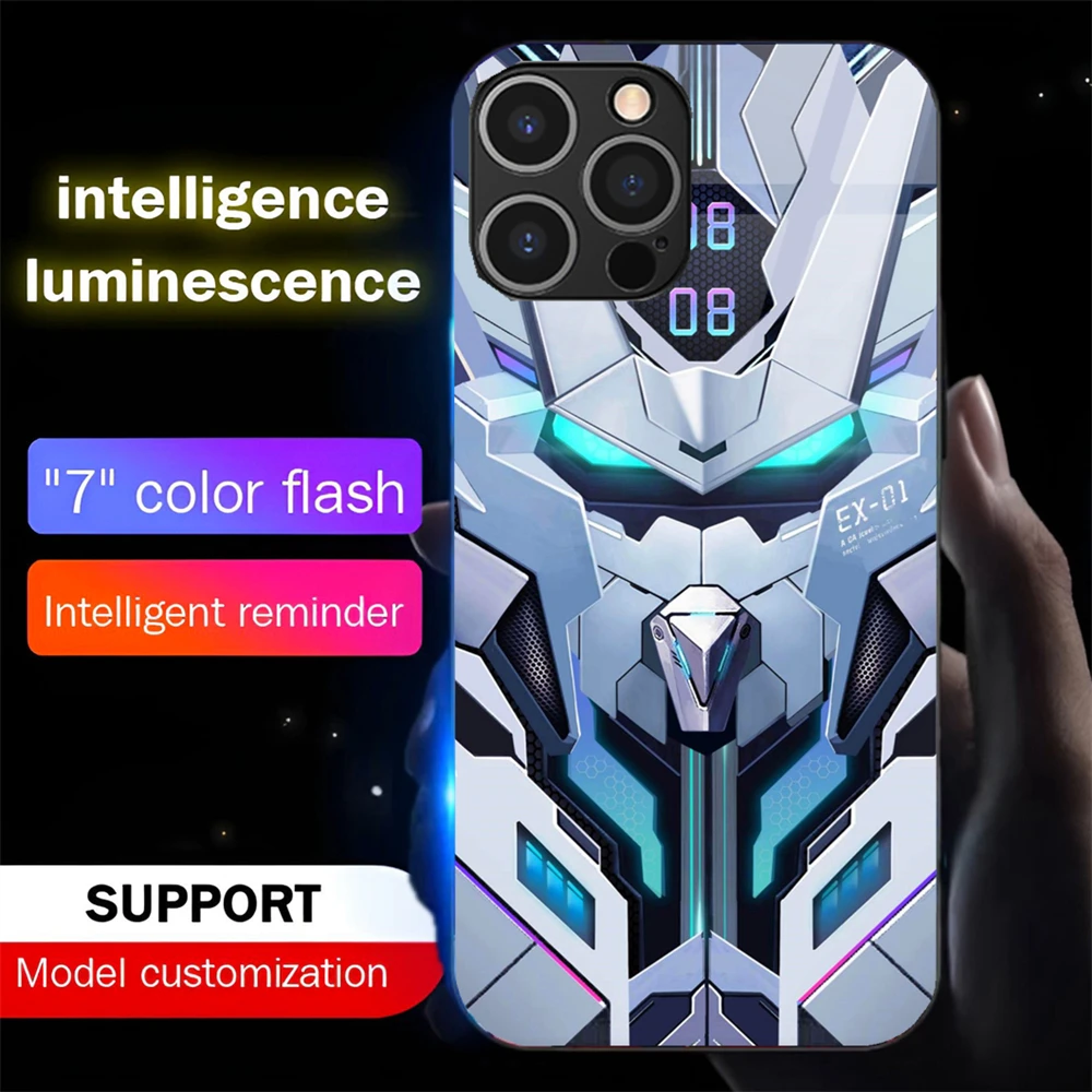 

Battle Armor Mech Design Smart LED Light Glow Tempered Glass Phone Case For iPhone 16 15 14 13 12 11 Pro Max XR XS Plus
