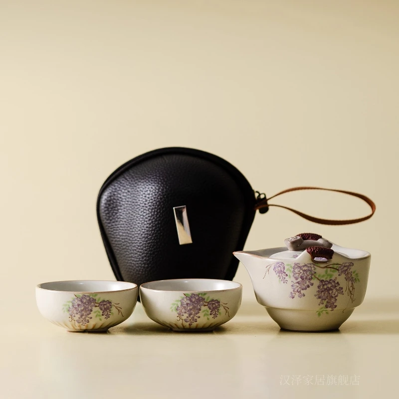 

Wisteria Flower Hand-caught Pot Quick Cup Portable Outdoor Camping Travel Tea Set One Pot Two Cup Kung Fu Tea Set