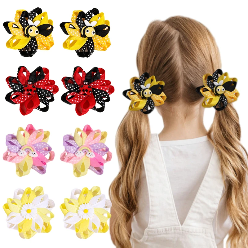 

ncmama 2Pcs Bee Ladybug Flower Hair Clip Ribbon Flower Hairpin for Kids Girls Cute Dot Print Barrettes Headwear Hair Accessories