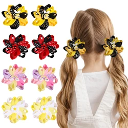 ncmama 2Pcs Bee Ladybug Flower Hair Clip Ribbon Flower Hairpin for Kids Girls Cute Dot Print Barrettes Headwear Hair Accessories