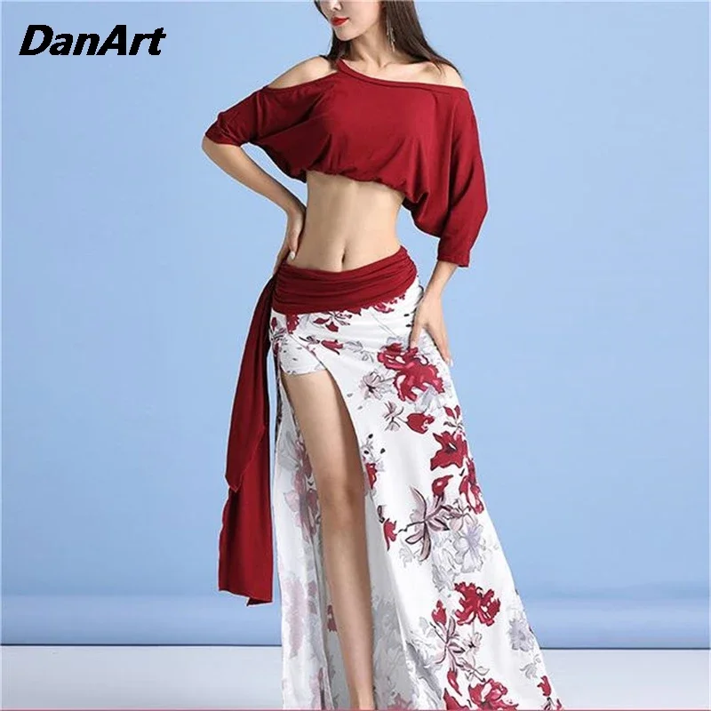 Neues Damen-Bauchtanzkostüm für Herbst und Winter, sexy bedrucktes geteiltes Übungskostüm mit Sicherheitshosenfunktion