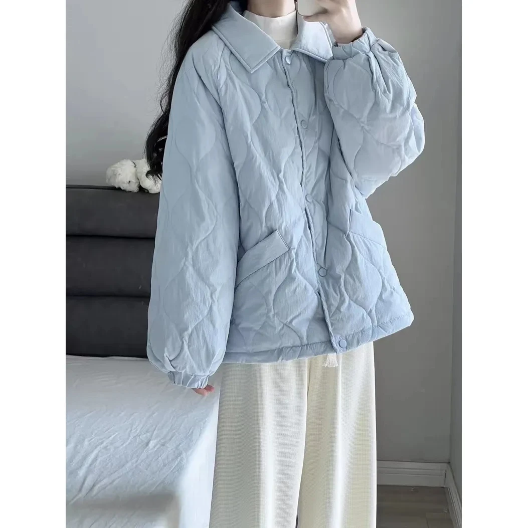 Quilted Coats Women Lightweight Cotton Added Korean Style Polo-neck Oversized Solid Jackets Casual Vintage Winter Clothes Womer