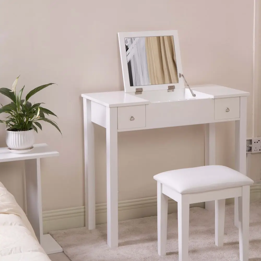 Wooden Vanity Table Makeup Desk with Flip-top Mirror Writing Desk, White