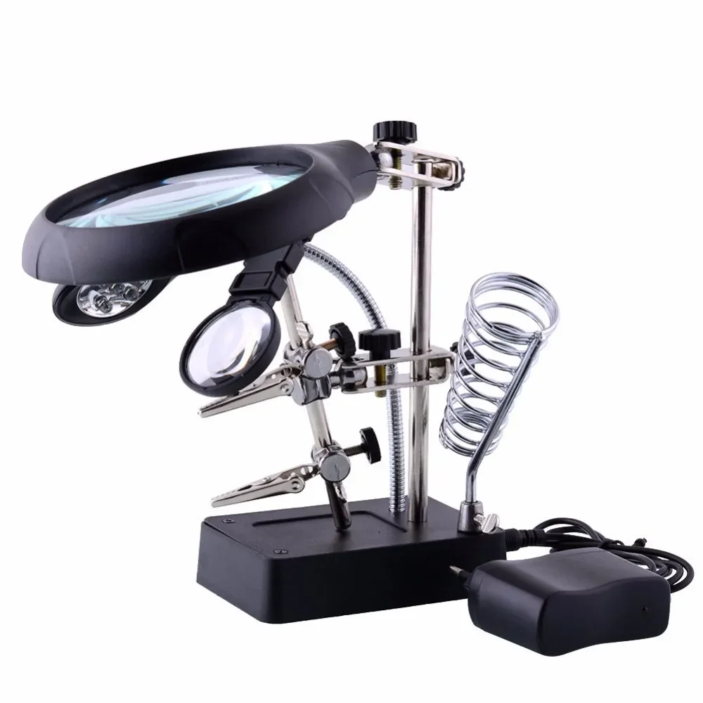 3 in 1 Welding Magnifying Glass With LED Light Lens Auxiliary Clip Loupe Desktop Magnifier Hands Soldering Iron Stand Holder