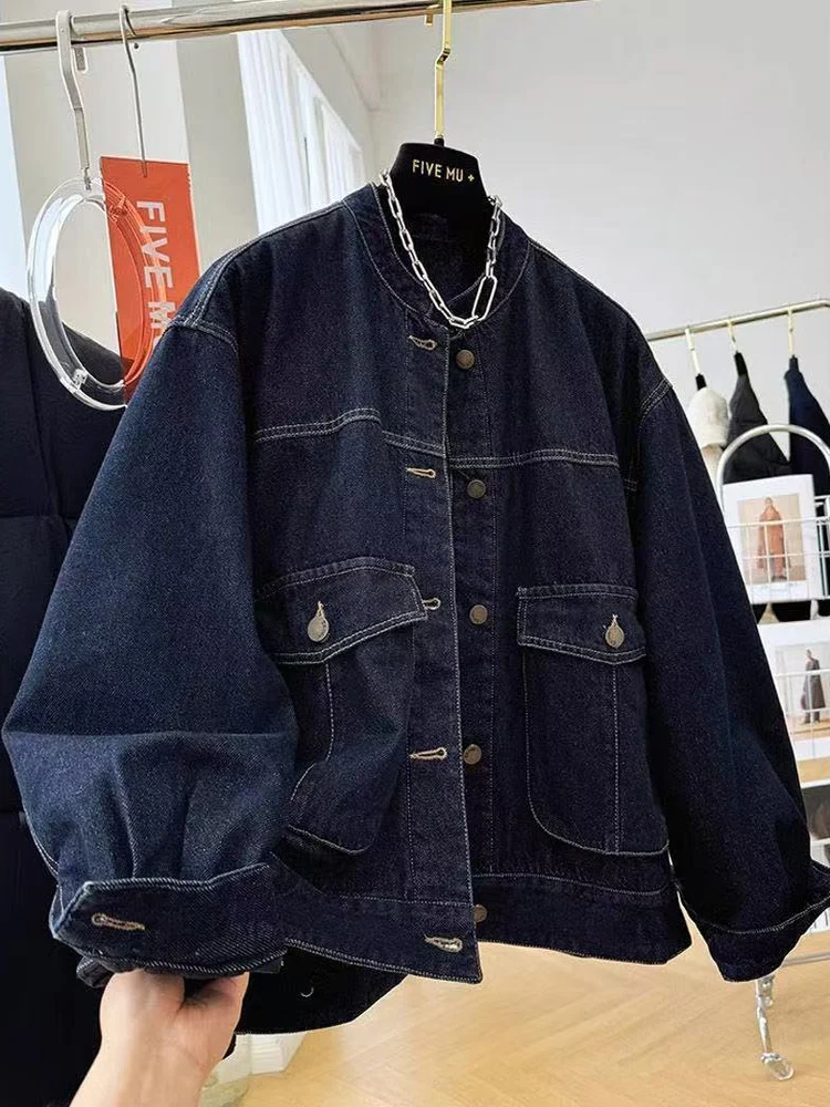 

Deep Blue Denim Jaet Women's Autumn Winter Thiened Casual Sle Loose Fit Retro Cotton Jaet Faionable And ular