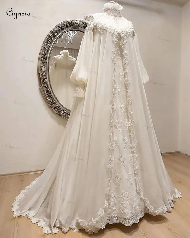 Personalizado marfim islâmico muçulmano vestidos de casamento manga longa alta pescoço chiffon apliques árabe dubai vestido de noiva robe de mariée