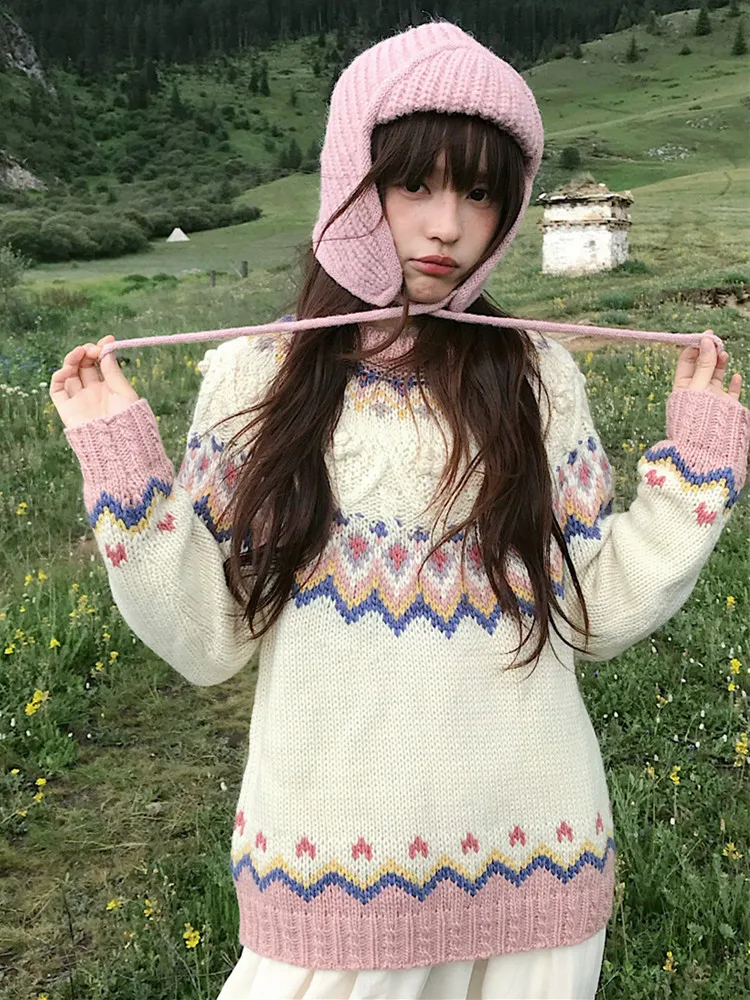 108cm Bust Women Fall Winter Warm Wool Pullovers Sweaters Elegant Loose Vintage Iceland Fair Isle O-Neck Knitted Sweaters