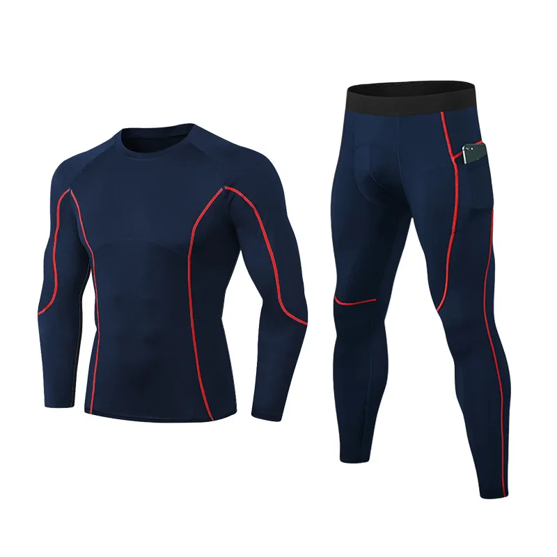 Mens Autumn Fitness Athletic 2 Piece Set Gym Workout Running Sportswear Skiing Long Sleeve Compression Shirt Pants Sweatpants