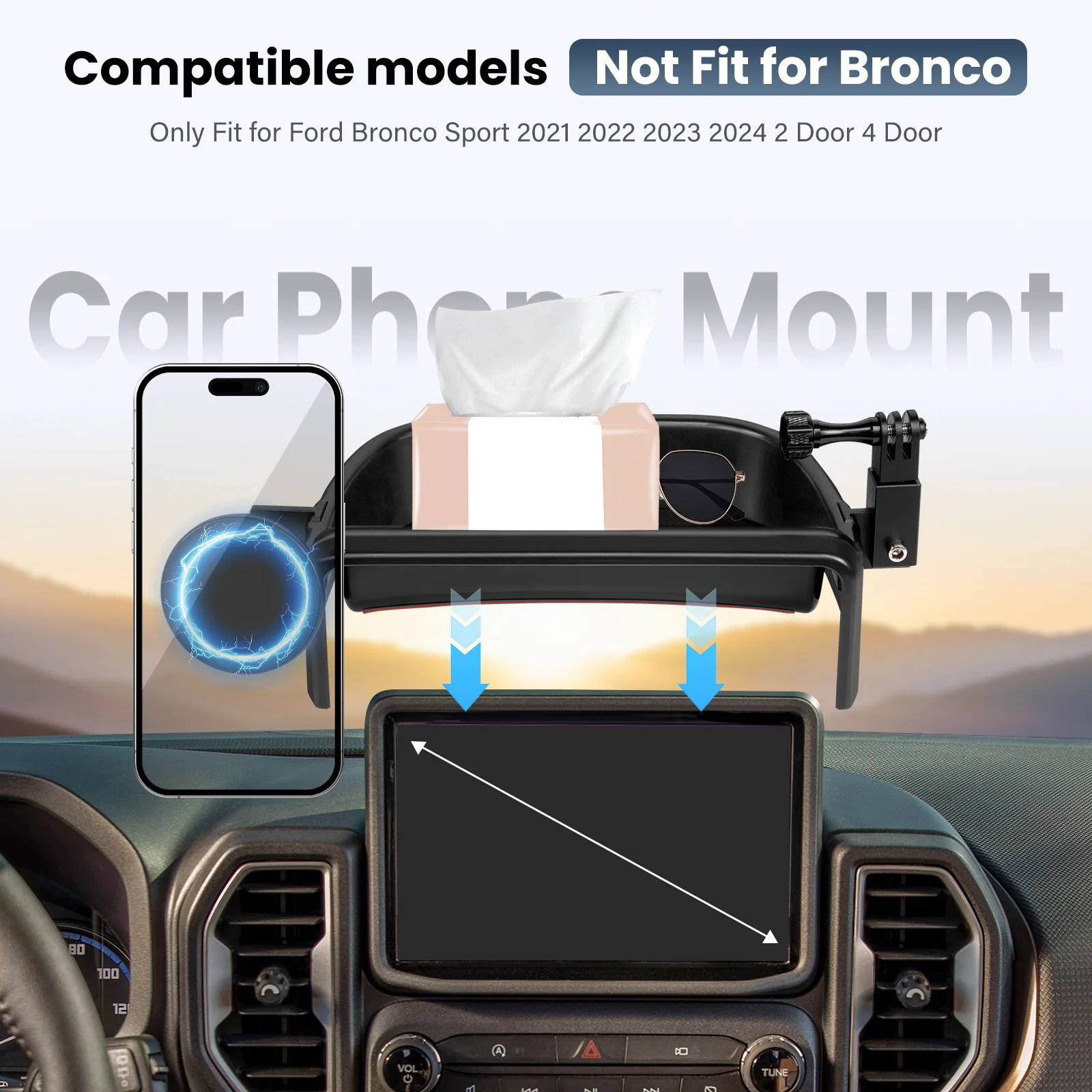 

Для Ford Bronco Sport, ящик для хранения на приборной панели, держатель для телефона, магнитное крепление для Bronco Sport 2021-2024 2023, аксессуары для салона автомобиля