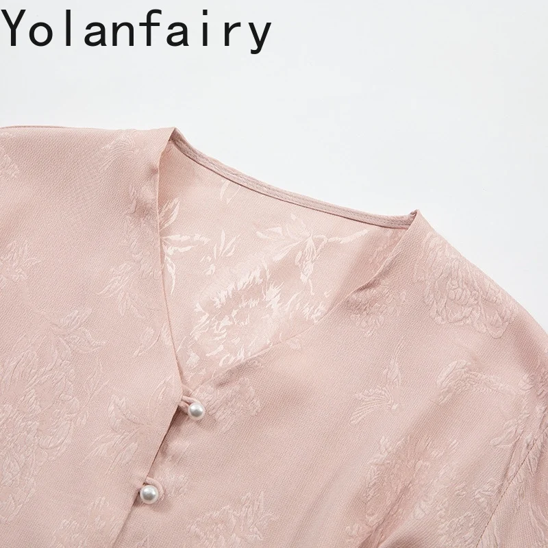 YOLANFAIRY 새로운 93% 뽕나무 실크 셔츠 여성 여름 탑 2025 우아한 자카드 긴 소매 셔츠 여성 v 넥 핑크 셔츠 Damen