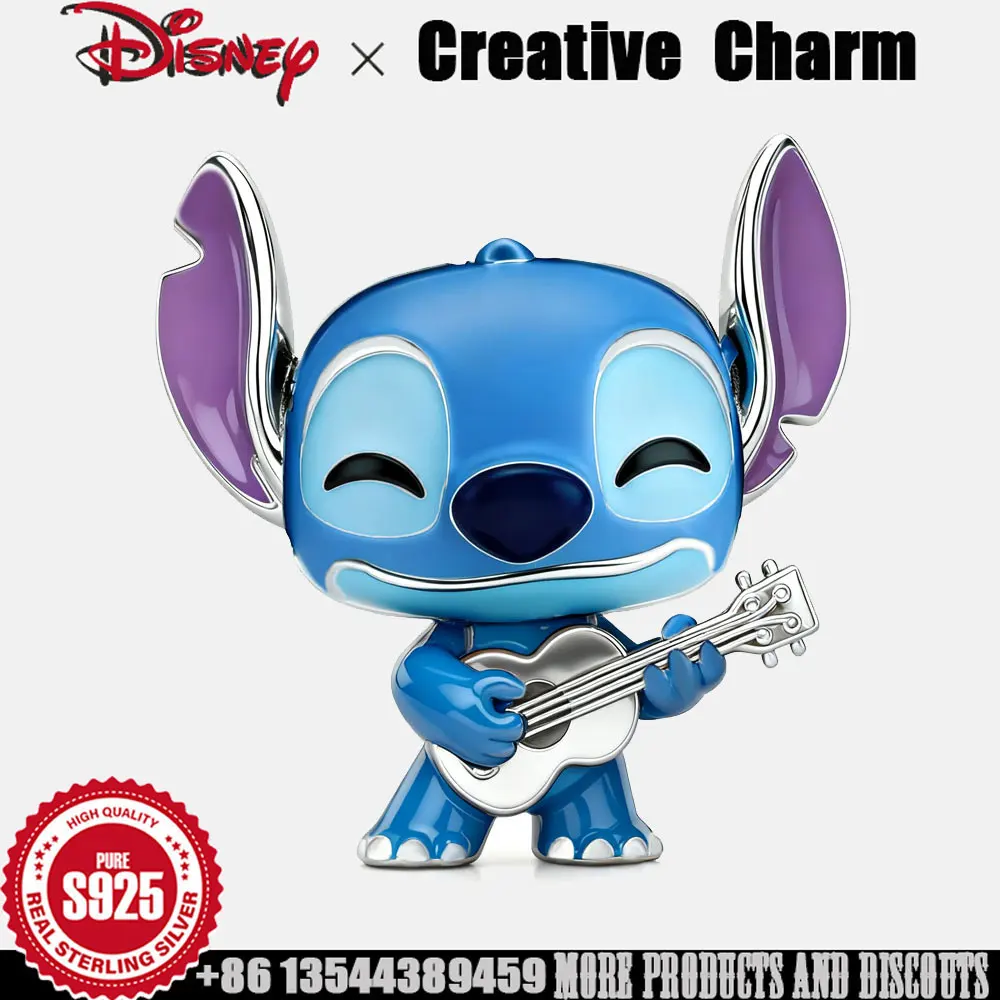 

Disney 925 Silver Charm Stitch play the guitar bead for Bracelet Child's Play enamel Charm women fashion Luxury Jewelry Gift