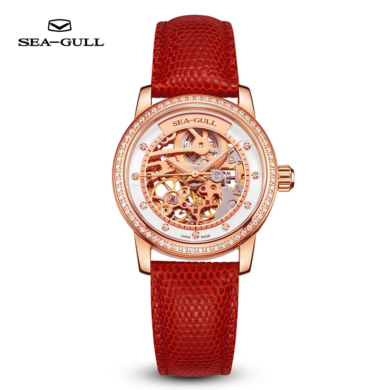 Seagull Fashion Women's Watch Red Luxury Zircon Skeleton Womens Mechanical Automatic Ladies Wristwatch Montre Femme 719.403LK