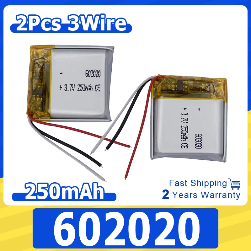 2pcs 3.7v 0.925Wh 250mah Rechargeable Li Lithium Battery 602020 Thermistor 3-Wires NTC For Bluetooth Speaker GPS LED Headphones