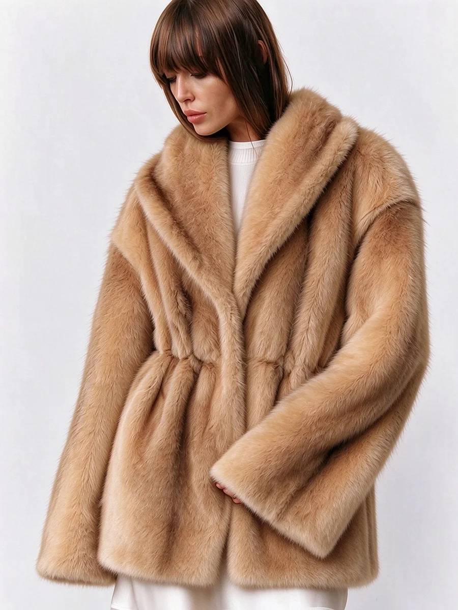 LIMO Women Shawl Lapel Faux Mink Fur Short Coat Pocket Loose Long Sleeve  Warm Winter Elegant Ladies Fluffy Plush Outerwear