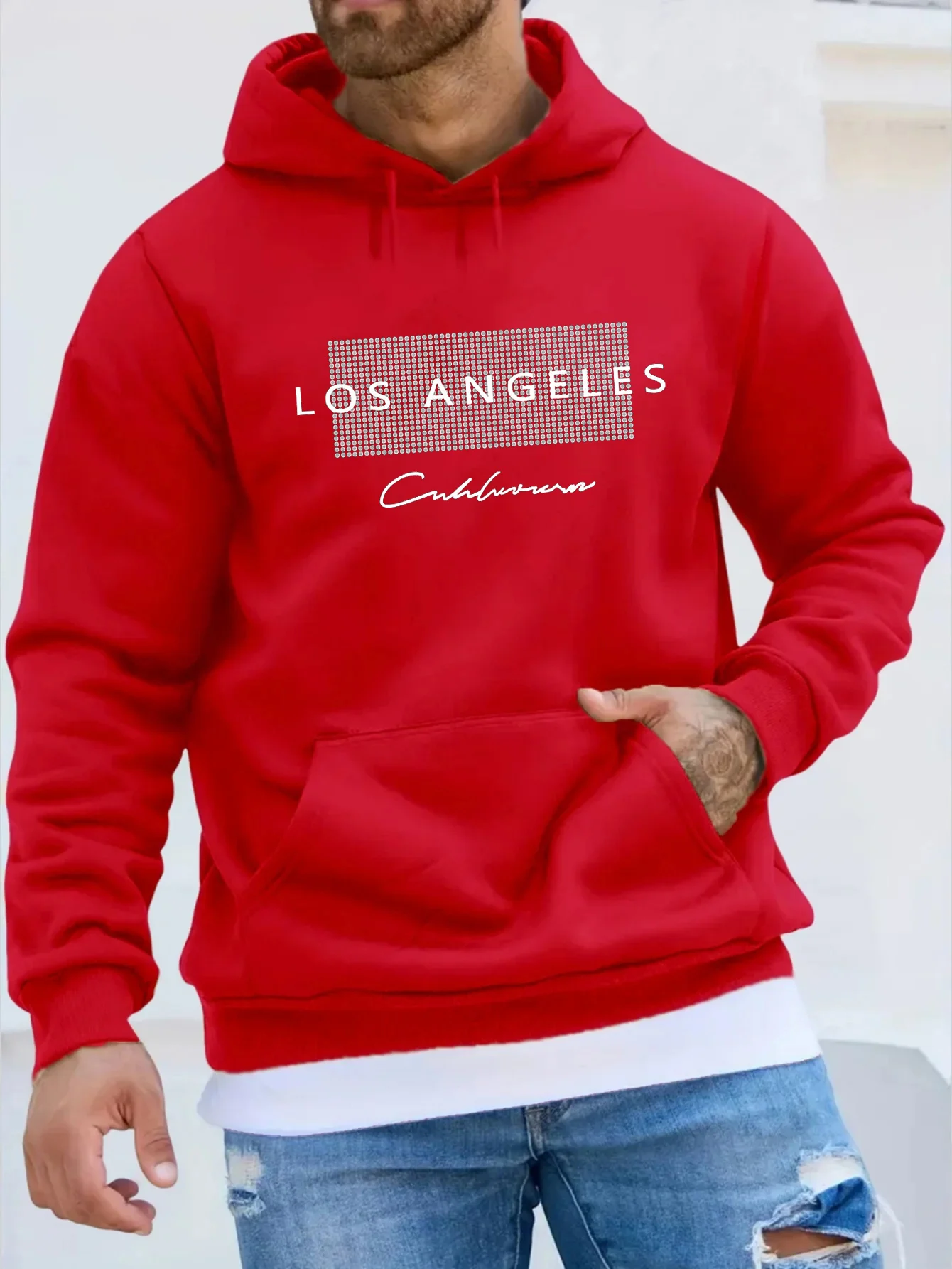 Men\'s autumn and winter fashionable casual loose Los Angeles pattern printed fleece pullover long sleeved hooded sweatshirt
