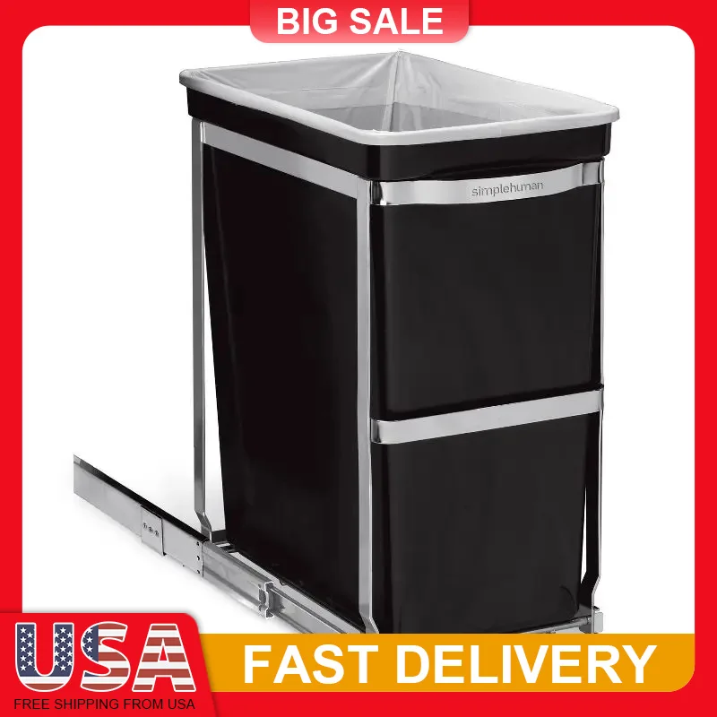 

30L Under Cabinet Pull Out Trash Can Heavy Duty Stainless Steel Frame with Ball Bearing Tracks for Kitchen Waste Bin Storage