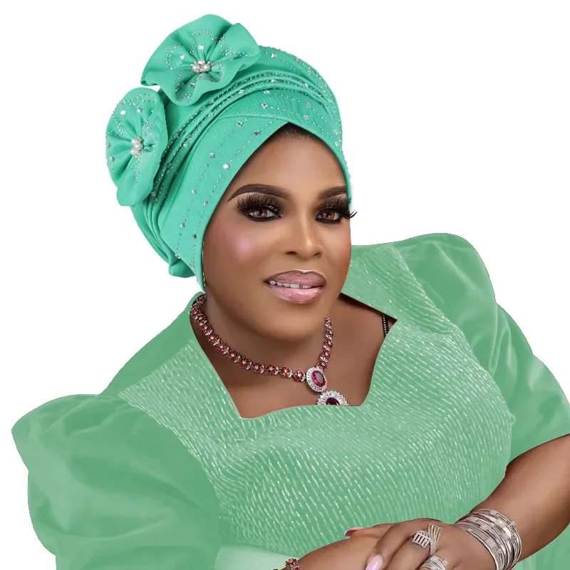 النساء الضفائر عمامة أحدث ربطة الرأس الأفريقية الماس رئيس التفاف Aso Oke النيجيري الزفاف Geles قبعة مسلم زهرة الحجاب بونيه قبعة