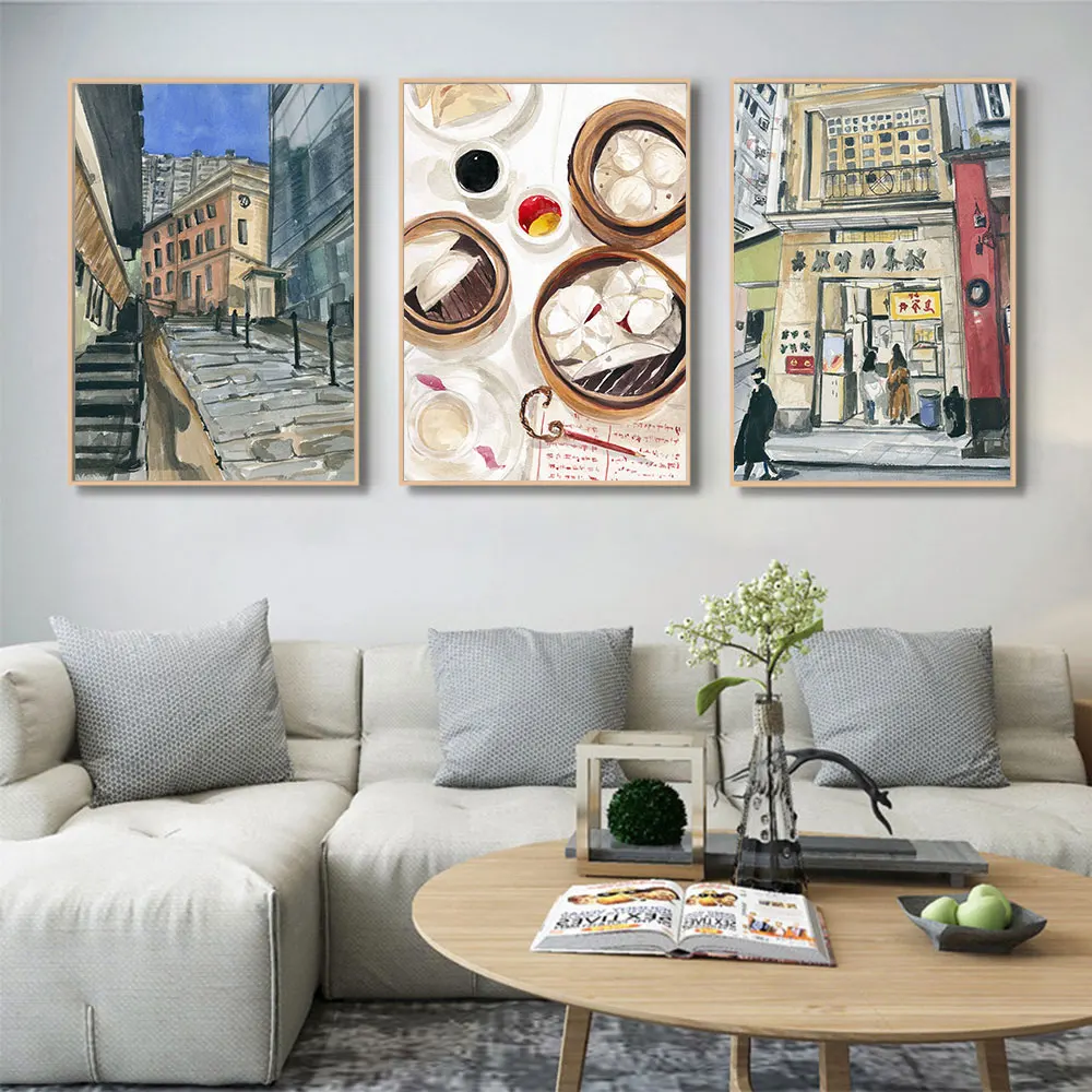 

3 Sets Hong Kong Paris Asian Chinese Poster Bundle in Watercolor Illustration Dim Sum Gallery Set Midlevels Cityscape Decor Home