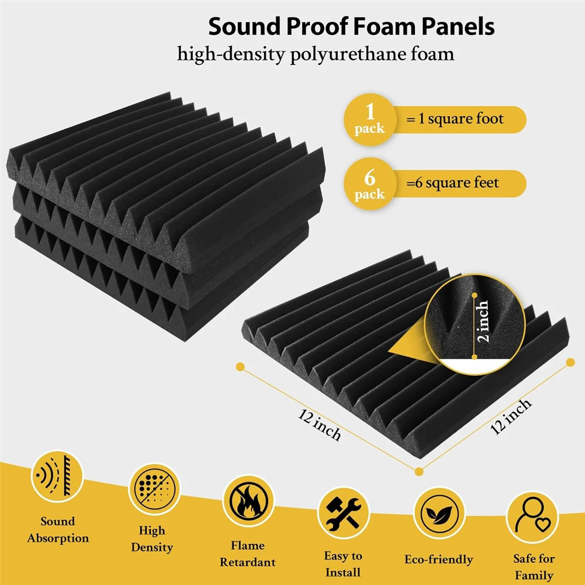 6 Pack Sound Proof Foam Panels 2 X 12 X 12 inch Self-Adhesive High Density Wedge Acoustic Foam Soundproof Wall Panels