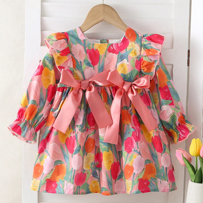 

2025 New Autumn 0-4Yrs Baby Girl Party Dress Long Sleeved Floral Print Kids Princess Dresses Children Clothes